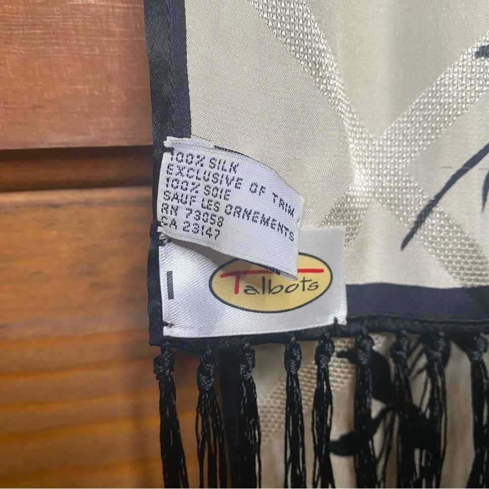 Vintage Talbots Silk Scarf Ivory and Black Floral Print Fringe Ends